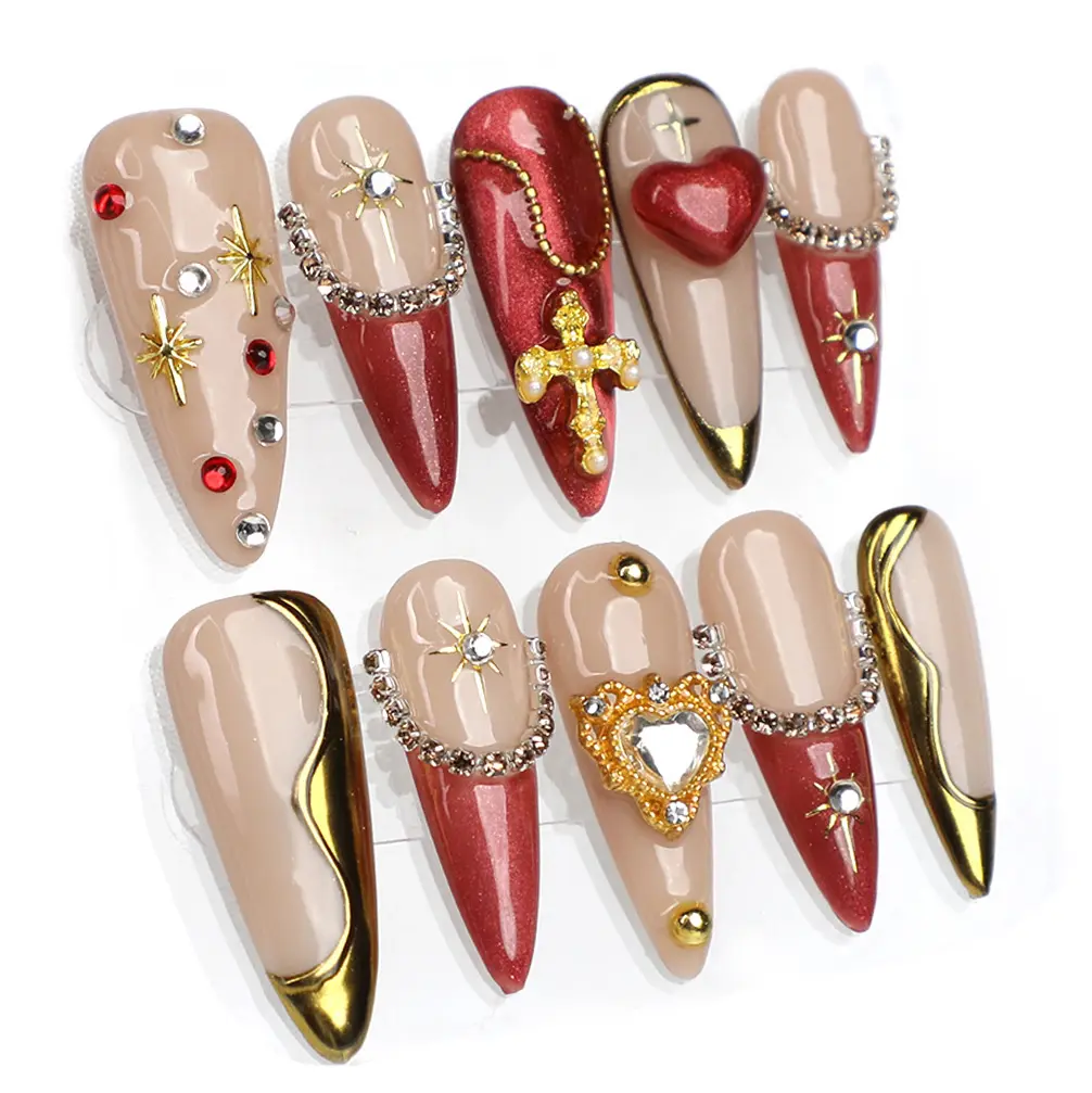 MuseMoodNails PG39 Blush Gilt Baroque Themed Stiletto Stick On Nails Kit - 10-Piece Handmade 3D Gel Art Glossy, Reusable, Long-Lasting, No Damage, Salon-Quality Vegan Safe Halloween Nail Accessory, Full, Elegant Bling Rhinestone