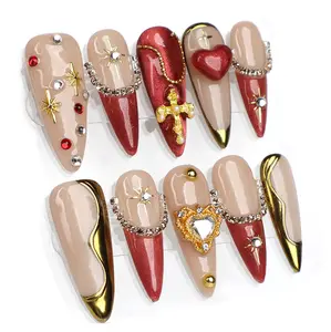MuseMoodNails PG39 Blush Gilt Baroque Stiletto Stick On Nails, 10 Pieces Handmade 3D Gel Reusable Long-Lasting Salon Quality Vegan Safe Nail Art Decoration