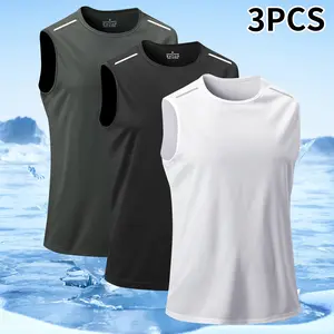 Men’s three-piece summer outdoor casual tank set featuring solid-color sleeveless tops, suitable for hiking and leisure outdoor wear.