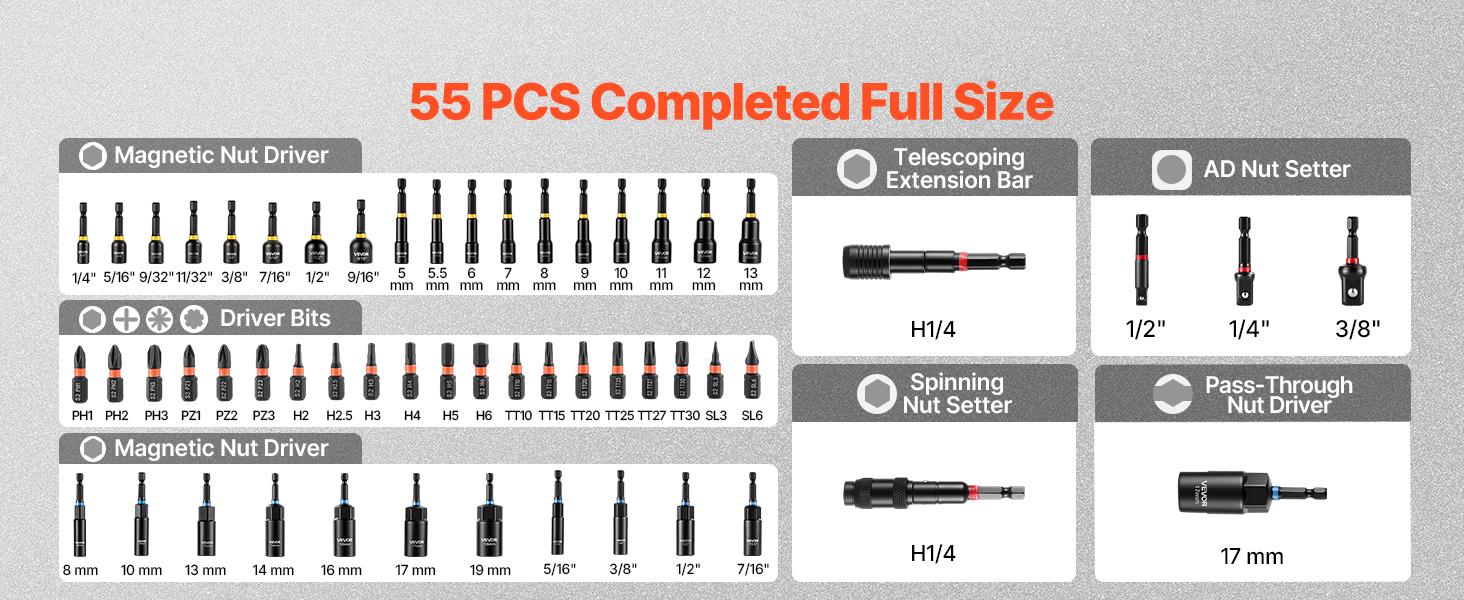 【summerfinds】VEVOR Master Magnetic Impact Nut Driver Set 55PCS, Metric & SAE Sizes, with Socket Adapters, Bit Holder, Wing Nut Driver, Pivoting Nutsetter, Quick Release Extension, Power Bits, Storage Box, Multi Nut Driver, Tools And Gadgets