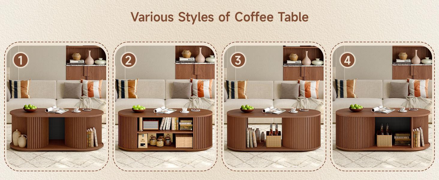 ONBRILL 47" Multi-Functional Coffee Table with Storage, Oval Coffee Table with Vertical Striped Sliding Door & Round Base, Mid-Century Modern Center Table with Adjustable Shelf for Living Room
