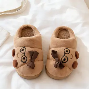 Soft Plush Croissant Cotton Slippers Indoor House Shoes Non-Slip Comfortable Soft Home Slides Slip-On Shoes Slip Resistant Shoes Indoor Outdoor Winter Home Footwear Flipflop Girl Tsinelas Parent Khaki Round Toe Kitchen Kitchen