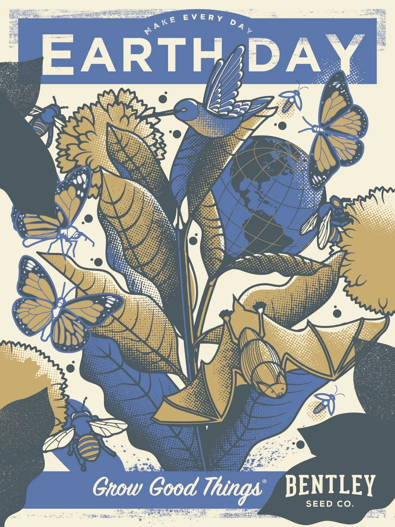 Eco-Friendly Paper Print Poster - Blue, Navy, Tan, Indoor Home Office Decor, Environmental Artwork, Pollinators Illustrations, Earth Day Inspo