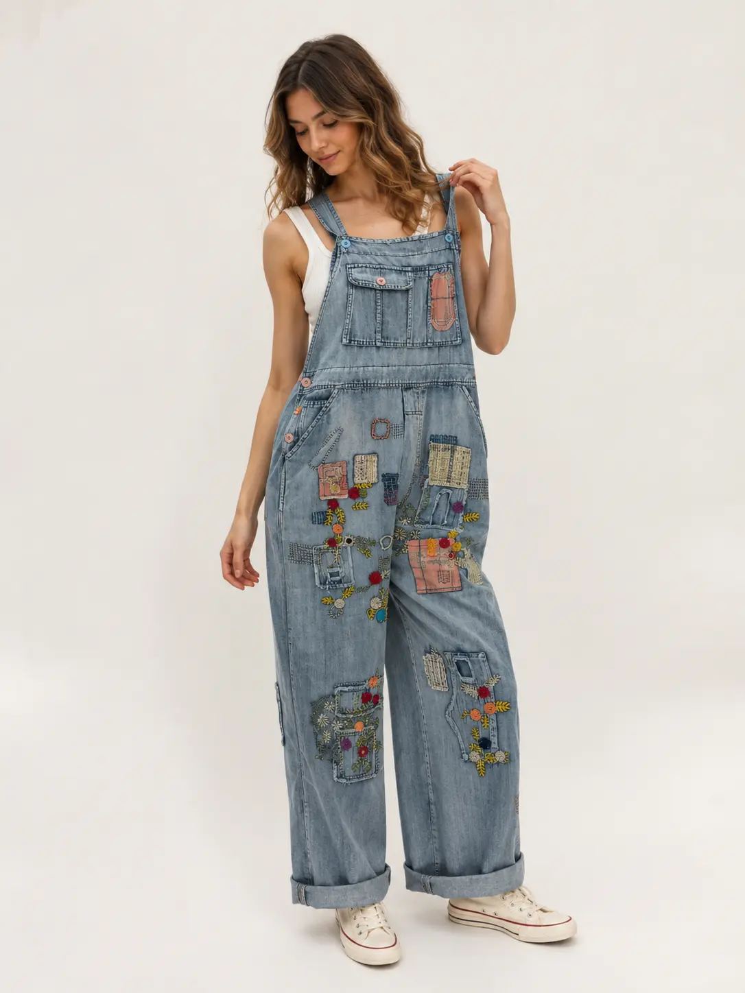Women's Vintage-Inspired Blue Velvet Denim Jeans - Floral Patches, Embroidery, Artistic Flair, Casual Style That Celebrates Individuality