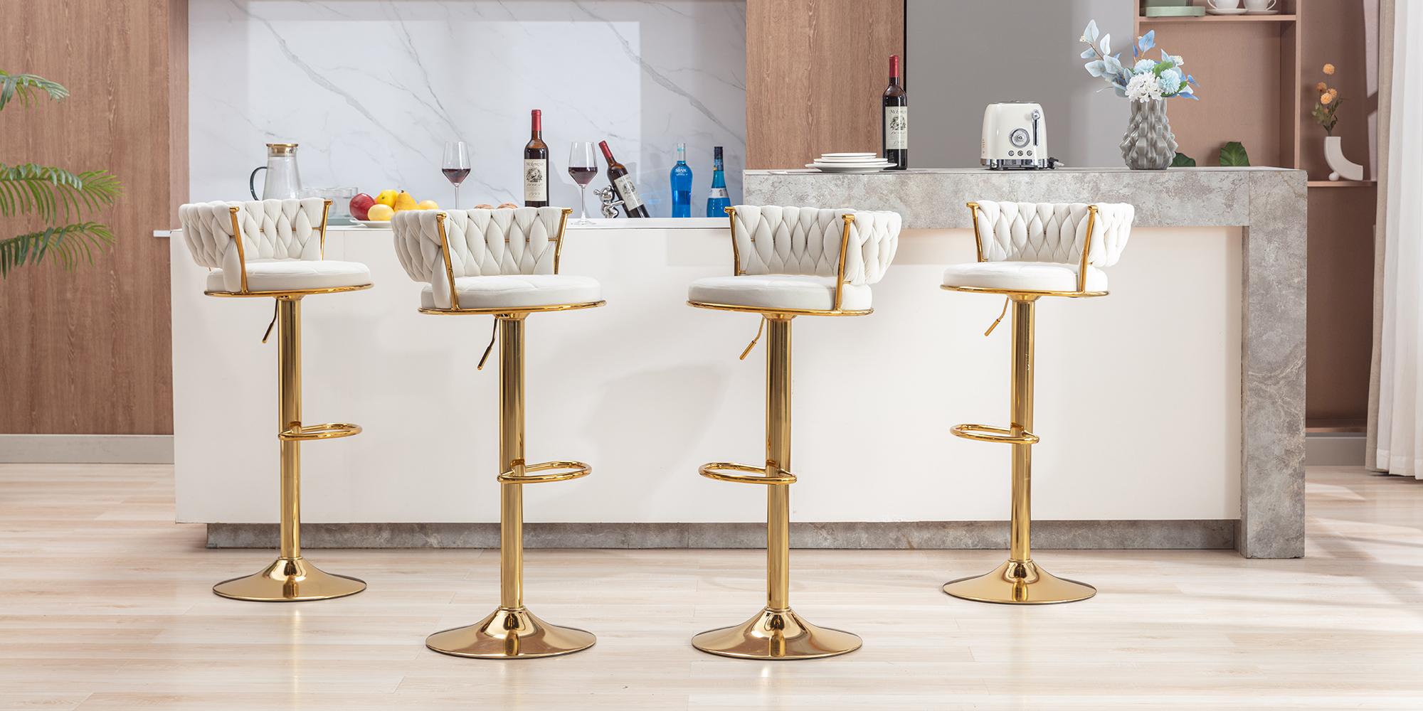 VECELO Modern Black Velvet Bar Stools Set of 2/4 with Woven Arm and Backrest, Height Adjustable and 360° Swivel for Kitchen Island, Cafe, Pub, Bar Counter