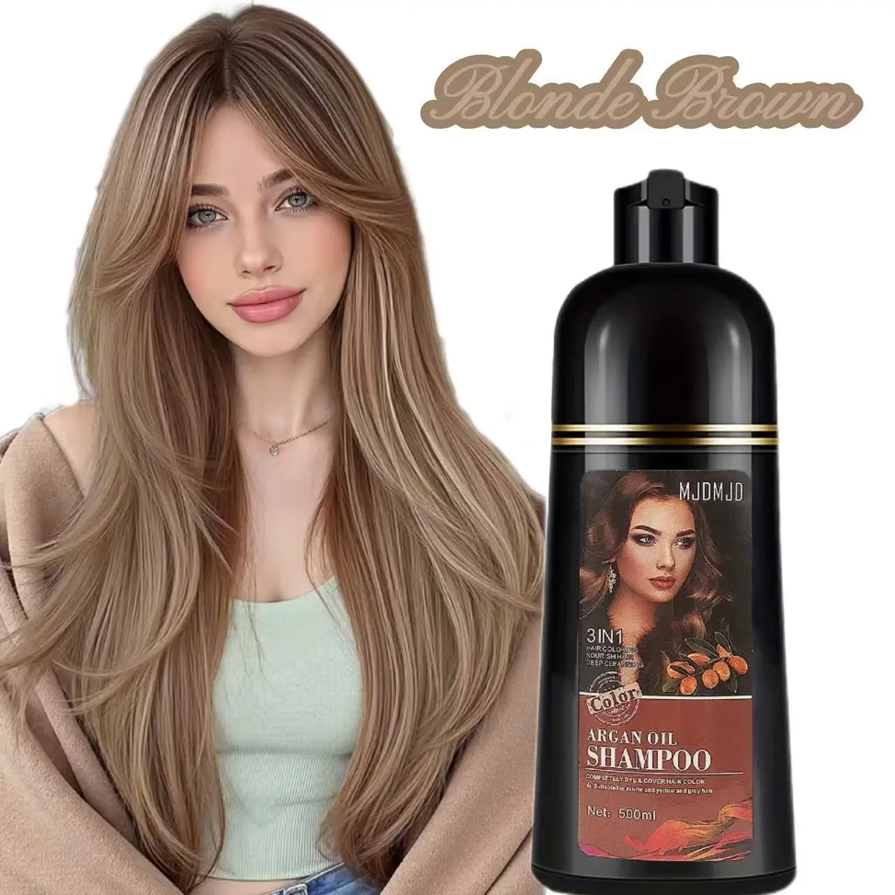 Blonde Brown 3-in-1 Hair Dye Shampoo – Instant Vibrant Color in Minutes, Long-Lasting Argan Oil Formula, Nourishing Color Shampoo for Men & Women, Easy At-Home Application, 500ml
