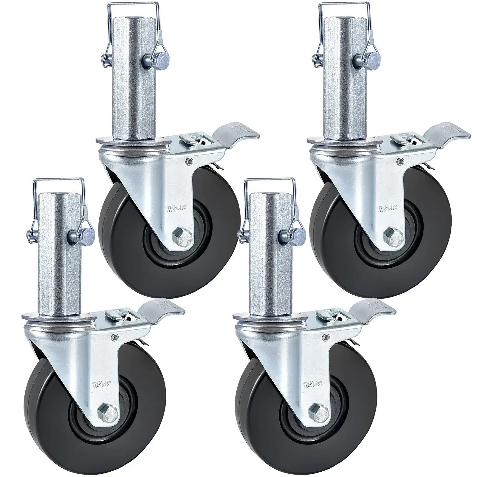 4 Pcs 5" Heavy-Duty Scaffolding Lockable Rubber Swivel Caster Wheels - 1.25" Square Stem, Dual Locking - 440 LBS Capacity Per Wheel, Lockable Wheels