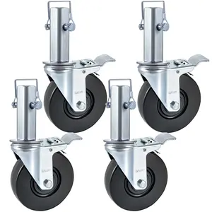 4 Pcs 5" Heavy-Duty Scaffolding Lockable Rubber Swivel Caster Wheels - 1.25" Square Stem, Dual Locking - 440 LBS Capacity Per Wheel, Lockable Wheels