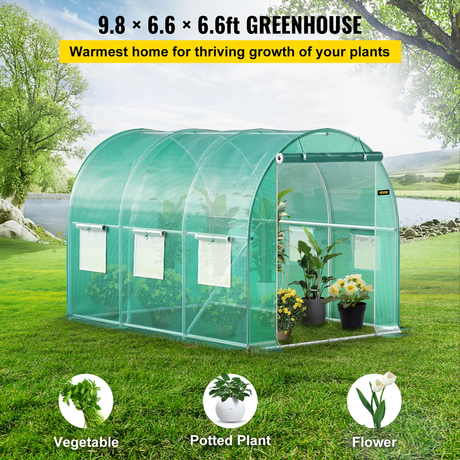 VEVOR 10x7x7 ft Walk-in Garden Tunnel Greenhouse with Sturdy Greenhouse Structure, Portable Plant Hot House Featuring Galvanized Steel Hoops, 1 Top Beam, Diagonal Poles, Zippered Door & 6 Roll-up Windows, Green (Father's Day Gift), Greenhouse Structure Gr