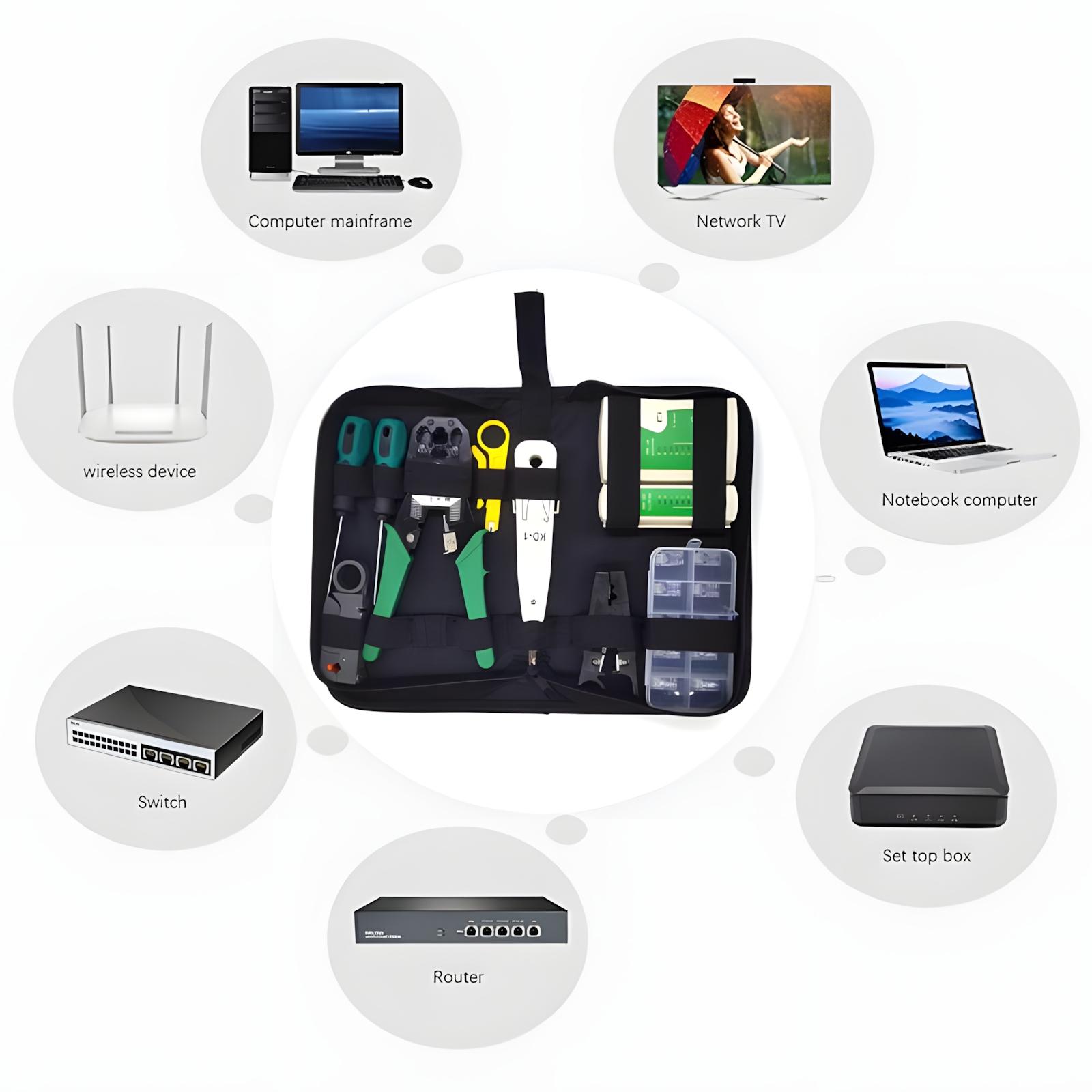 Complete 11 in 1 Network Crimping Tool Kit Includes Portable Cat5 Cat5e Cable Tester and 8P8C 6P6C 4P4C Connectors for Easy Wiring Repair Complete 11 in 1 Network Crimping Tool Kit Includes Portable Cat5 Cat5e Cable Tester and 8P8C 6P6C 4P4C Connectors for Easy Wiring Repair