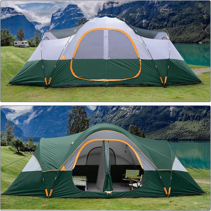 Camping Tent 10-Person-Family Tents, Parties, Music Festival Tent, Big, Easy Up, 5 Large Mesh Windows, Double Layer, 2 Room, Waterproof, Weather Resistant, 18ft x 9ft x78in