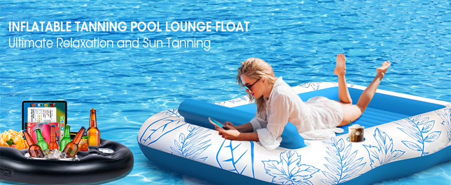 Inflatable Tanning Pool Lounger Float 4 in 1 Sun Tan Tub Sunbathing Pool Lounge Raft Water Filled Bed Mat Pad for Adult Blow Up