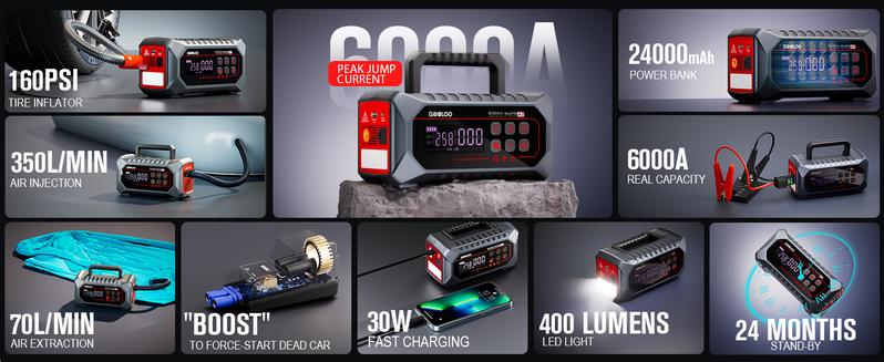 GOOLOO A7 10-in-1 6000A Car Jump Starter with Air Compressor (All Gas & 10 Disel), Multifunctional 160 PSI Smart Auto-Shutoff Tire Inflator & Portable Air Pump with Inflate 350L/min & Deflate 70L/min