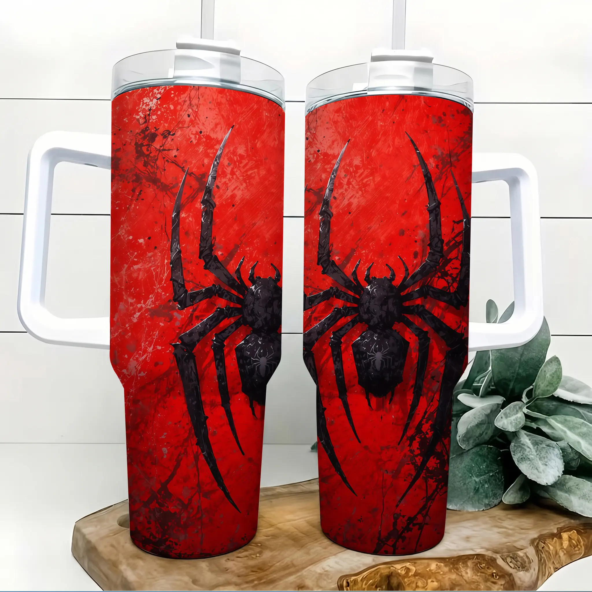 Black Red Spider Web 40oz Insulated Tumbler With Handle And Straw, Giant Spider Gothic Halloween Stainless Steel Water Bottle, Sports Travel Mug For Gym Car Commute Office Birthday Gift