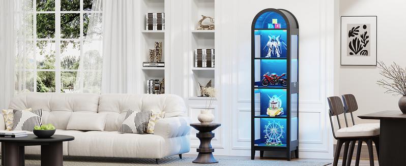 BROTTAR Arched Display Cabinet with Glass Doors, 71" Narrow Curio Cabinet with LED Lights for Collectibles Bookcase, 5-Tier Showcase Glass Display Case with Human Body Sensor for Living Room, Black