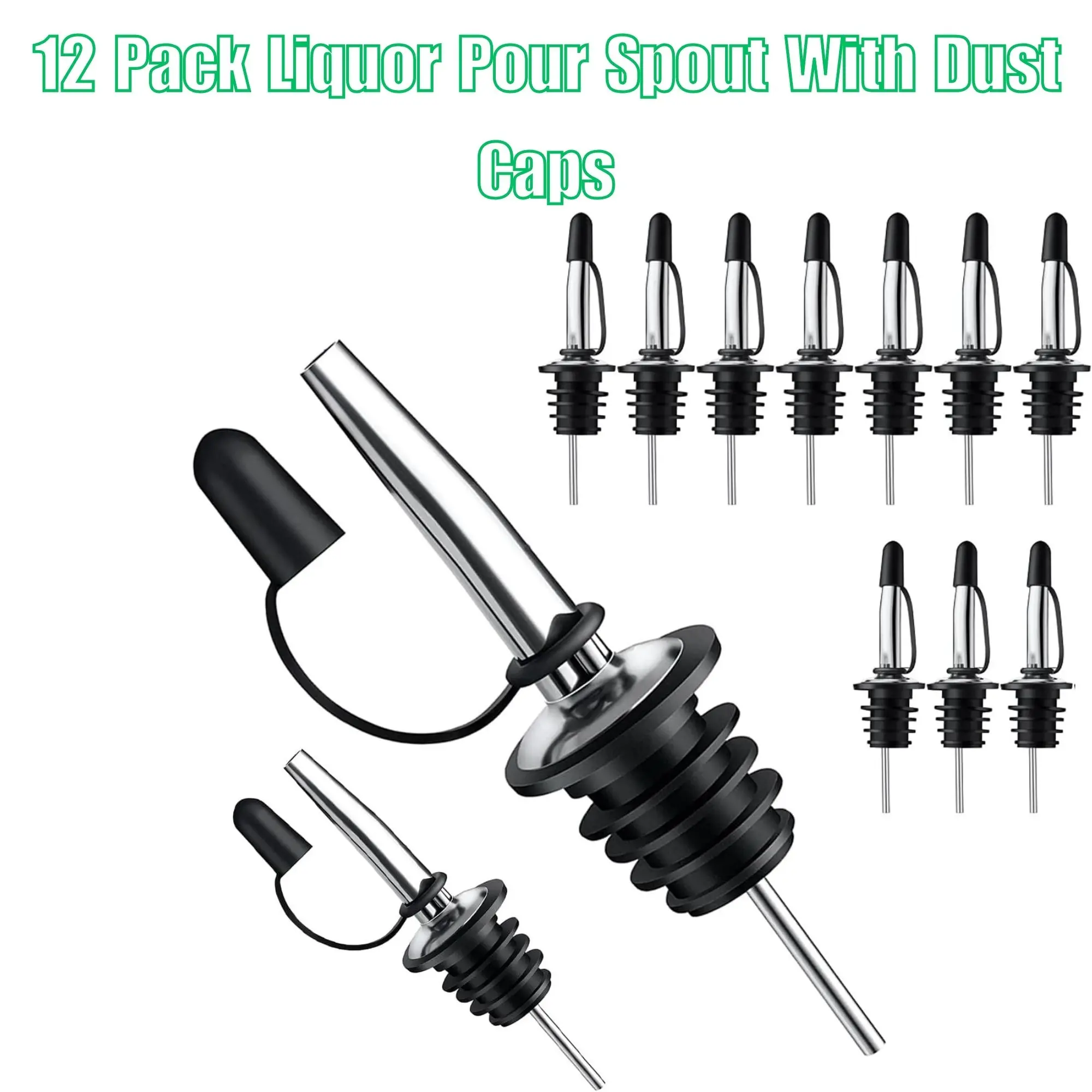 Gold Liquor Pour Spouts 12 Pack - Stainless Steel Speed Pourers with Dust Caps for Bartending Kit, Olive Oil Dispenser for Kitchen, Bottle Pourer for Alcohol Whiskey Vodka - Bar Accessories for Men, olive oil cart