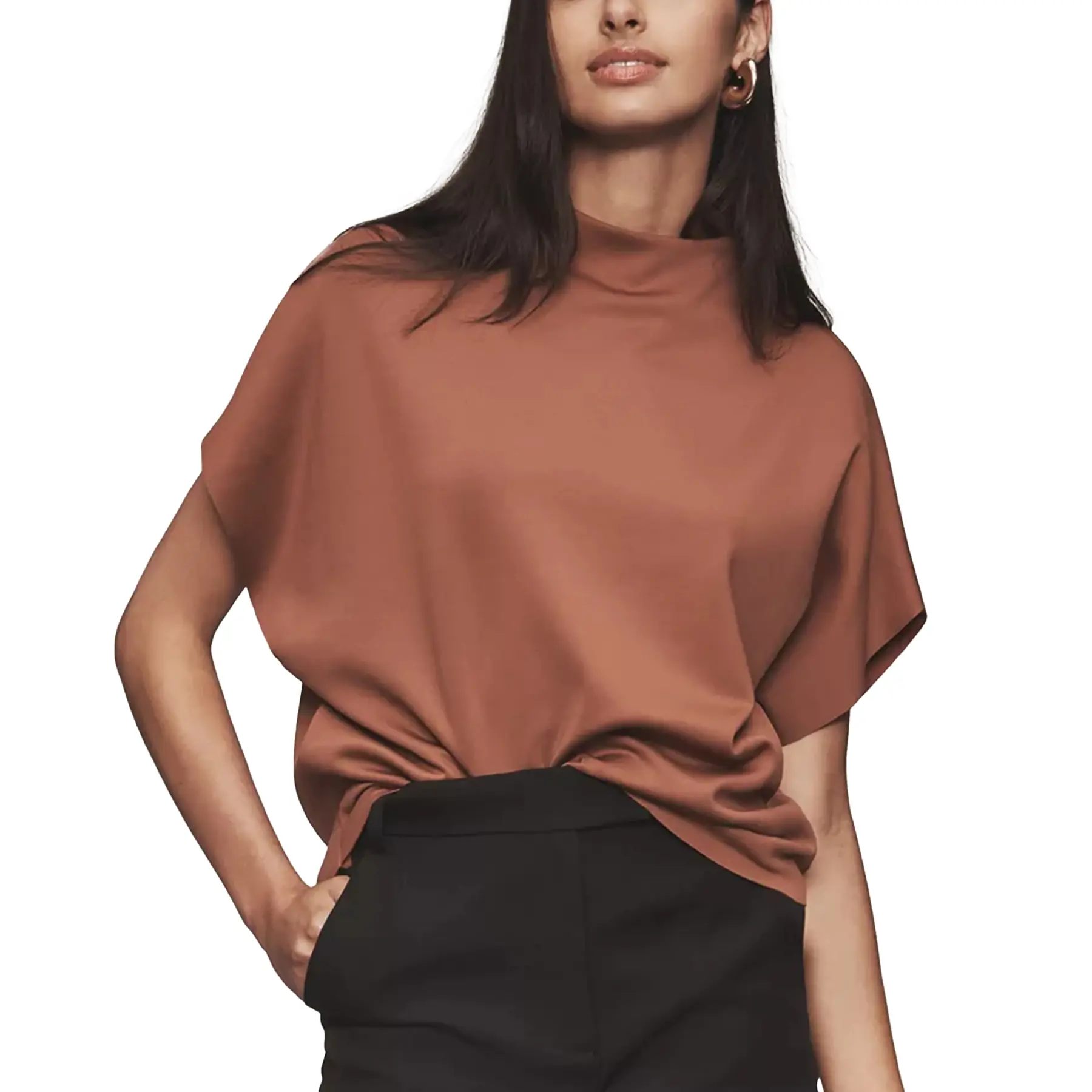 Hixiaohe High-Neck Batwing Sleeve Summer Top Business-Casual Satin Tank Top Loose Oversized Pleated Pullover Casual Shirt for Women - Womenswear, Fit