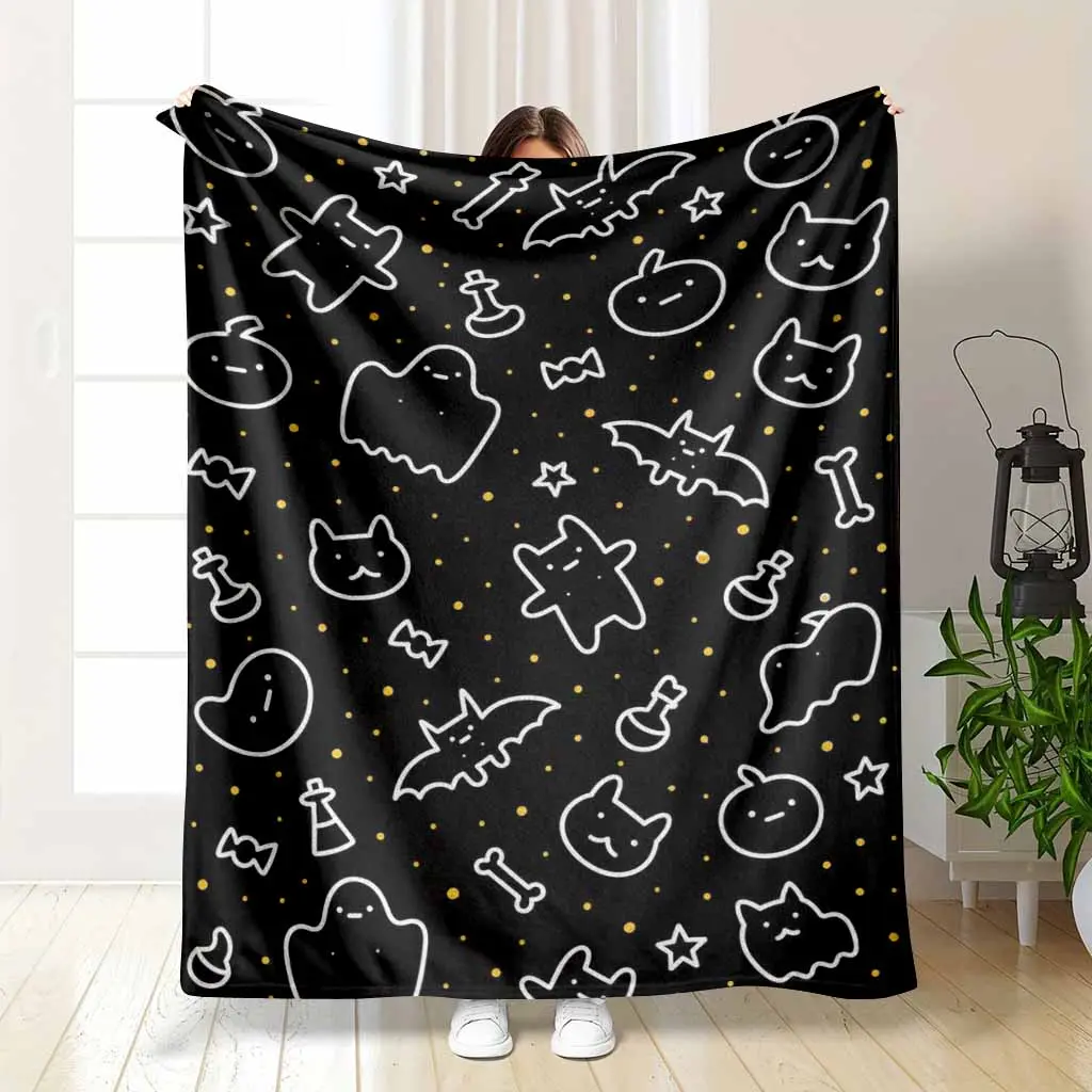 Halloween Flannel Blanket Black Gold Cute Ghost Bat Cat Pumpkin Print Soft Lightweight Cozy Throw Bedding Perfect For Autumn Home Decor Sofa Living Room Couch Bed Nap Travel Picnic Gift