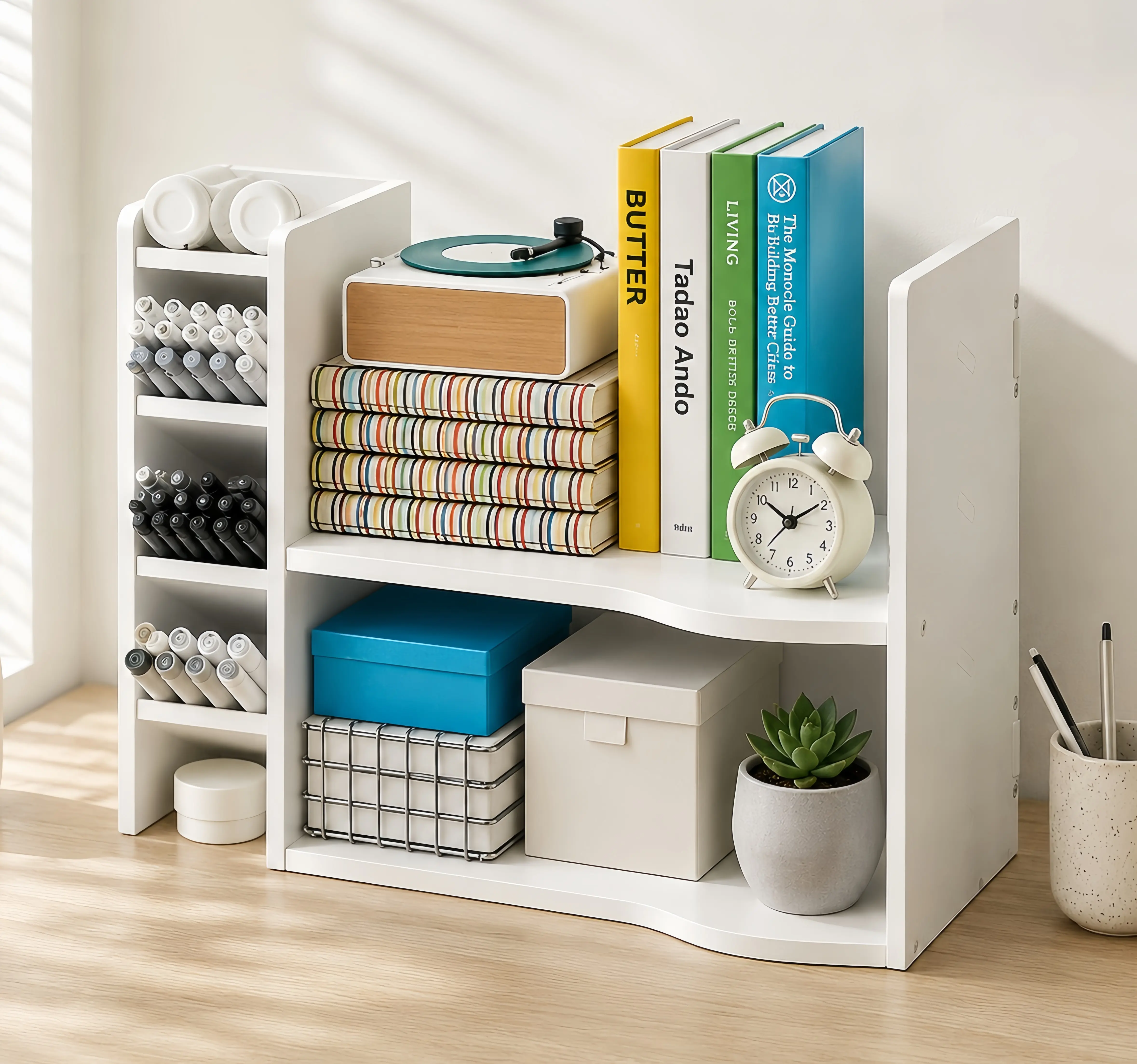 Rectangular White Desk Organizer Tidy - Multi-Functional Desktop Accessory, Office Supply Organizer Storage Shelf for Books, Files, Home Office Use