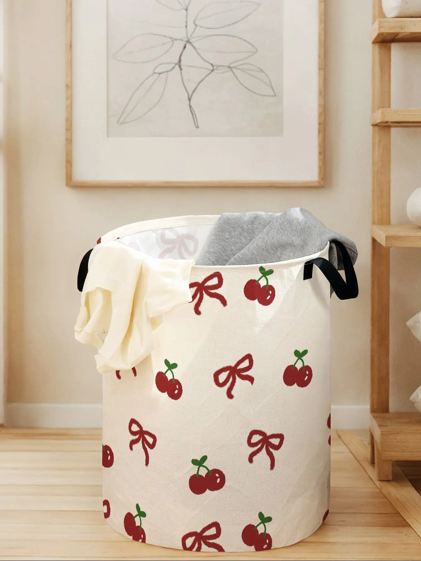 Durable Laundry Hamper Basket with Cherry Print Bow Handle, Foldable Large Capacity Storage Bin for Clothes & Toys, Casual Home Organizer