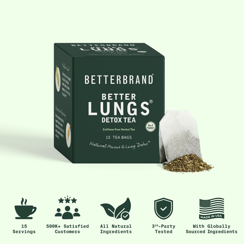 Betterbrand Herbal Lung Detox Tea Bags - Mullein Leaf, Ginseng, Elderberry, Ginger & Thyme for Lung Cleanse & Mucus Detox - 15 Tea Bags for Healthy Natural Respiratory Relief