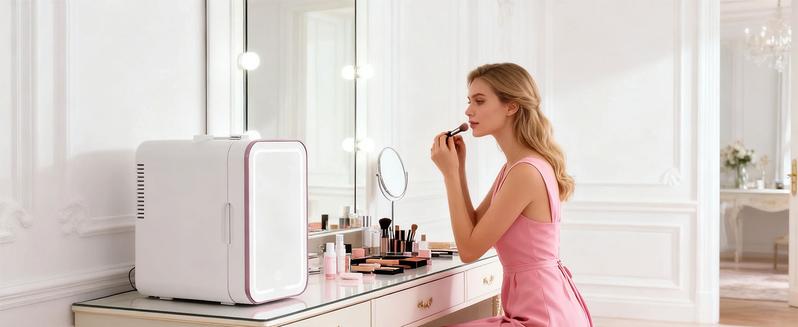 Mini Fridge for Bedroom, 6L Skincare Fridge with LED Mirror, Portable Cooler & Warmer for Dorm, Office, Makeup & Cosmetics, White Compact Quiet Design