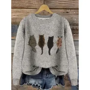 Printed Cat Crew Neck Color Blocked Casual Pullover Knitted Sweater In Knitted Polyester For Fall And Winter - A Comfortable Option For Easy On And Off And Warmth! Can be used with raincoat Knitting Animals Knitwear