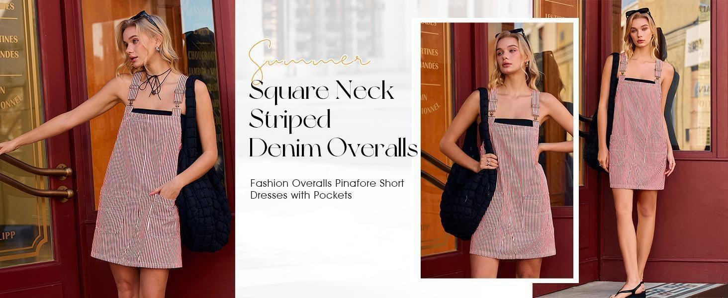 Imily Bela Womens Casual Striped Denim Dress Summer Pinafore Overalls Romper Adjustable Straps Jumper Dress with Pockets