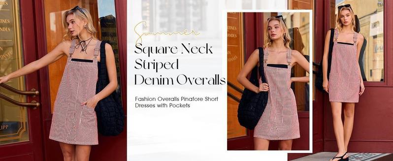 Imily Bela Womens Casual Striped Denim Dress Summer Pinafore Overalls Romper Adjustable Straps Jumper Dress with Pockets