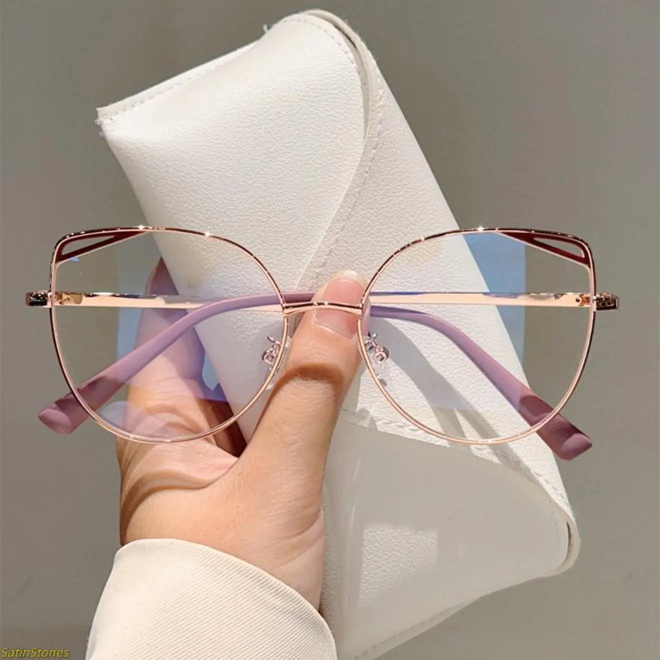 Women's 2026 Trending Cat-Eye Hollow Metal Blue Light Glasses, High-Quality Minimalist Semi-Rimless Non-Prescription Computer Eyewear Frames for Women, Glasses For Women