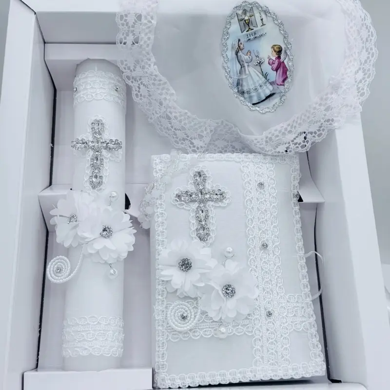 First Communion White Candle Set - 8in Candle, Rosary, New Testament, Decorative Elements for Boys & Girls, Festive Home & Party Supplies Decoration, First Communion Candle Set