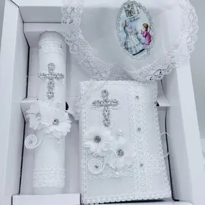 First Communion Candle Set with 8” Candle, Rosary, New Testament & Decorative Elements for Boys and Girls