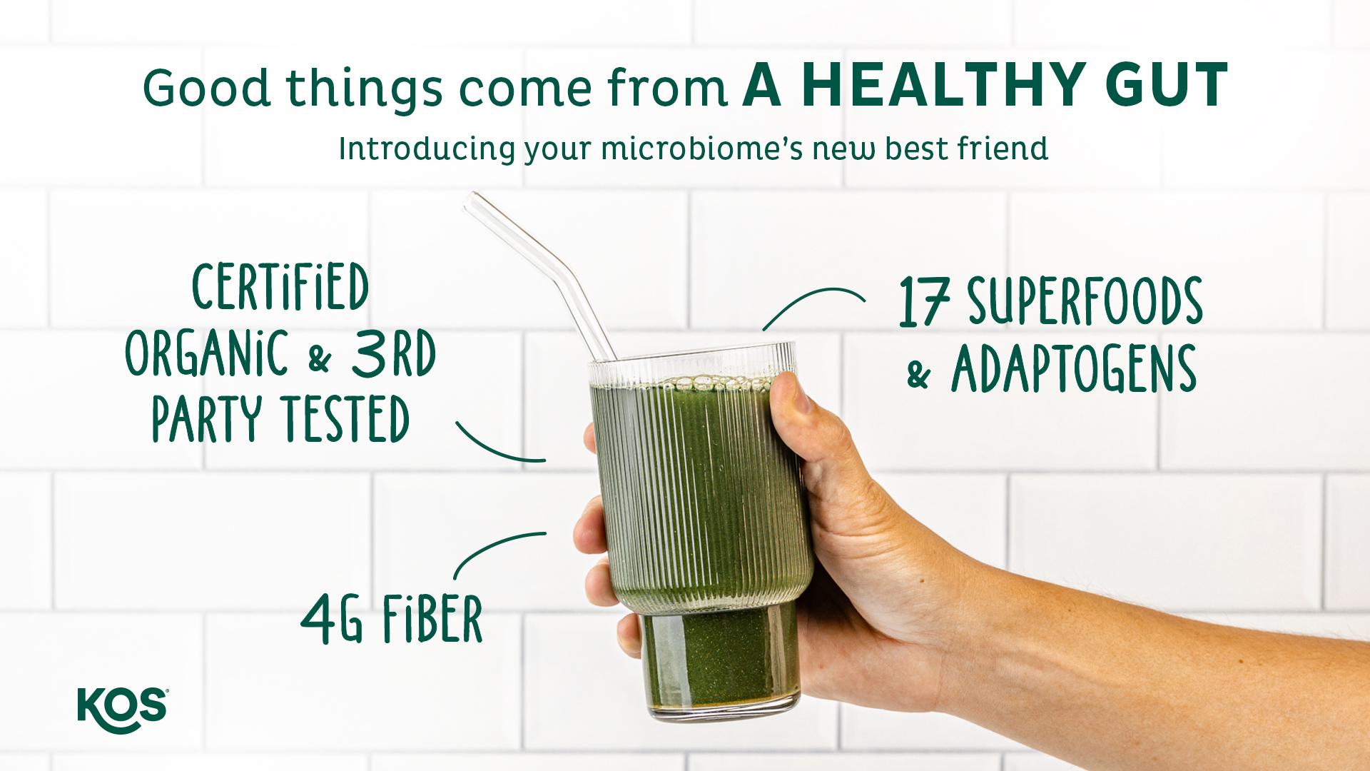 KOS Organic Superfood Greens Apple Flavor - 28 Servings USDA Certified Prebiotic Fiber Adaptogenic Mushroom Blend Gut Health Supplement - Vitamin