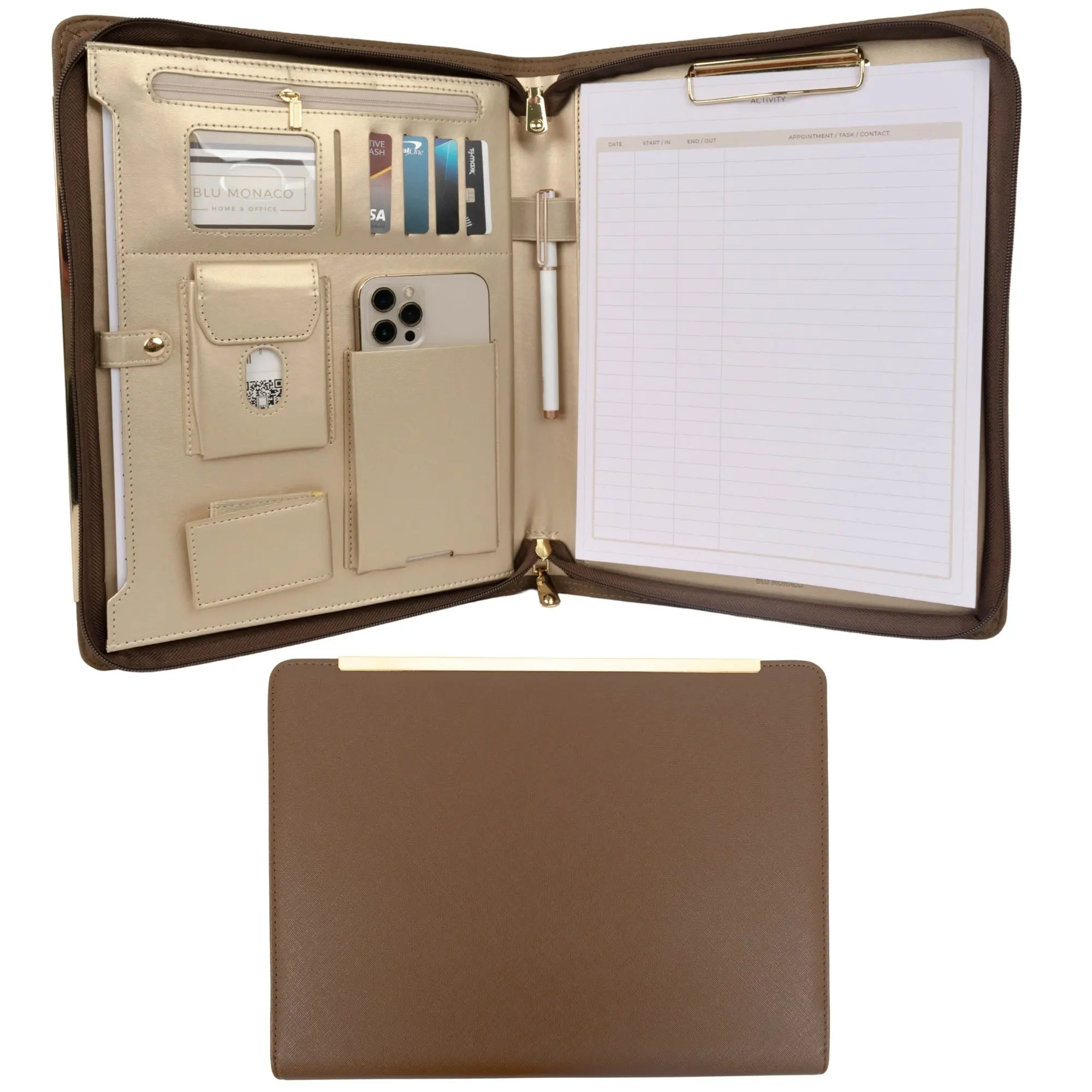 BLU Monaco Women's Premium PU Leather Portfolio Binder - Fits 11" Laptops, Gold-Trimmed Zippered Document Holder, Office Stationery Supplies, Corporate Work Desk Accessories, 10.5"x1.5"x13.5" (Black/Brown/Peach Beige)