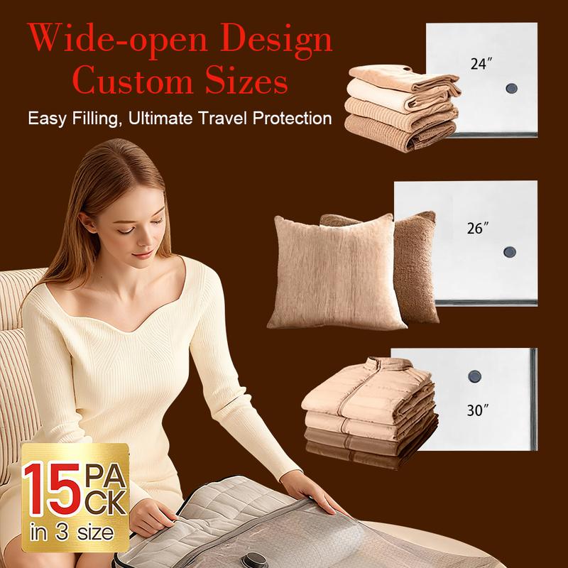 Travel Vacuum Bags with Pump 9/15 Pack Compression Space Saver Bags for Luggage & Suitcase Portable Electric/Hand Pump Airtight Storage for Clothes Bedding & Travel Essentials