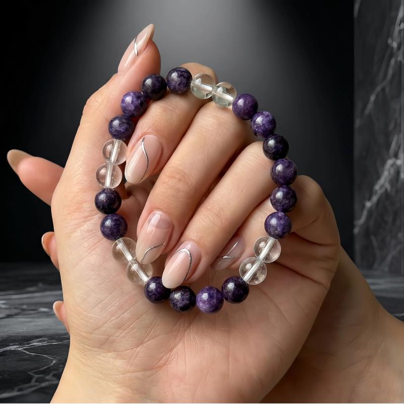 Hcrystyle Air signs Bracelet- Natural Charoite & Clear Quartz combination Designed for Air signs to enhance Intellect, Rational & Freedom energy - Gift for love ones/ friends- birthday/ anniversary gift | 8mm beads 6.5-7.5 inches men