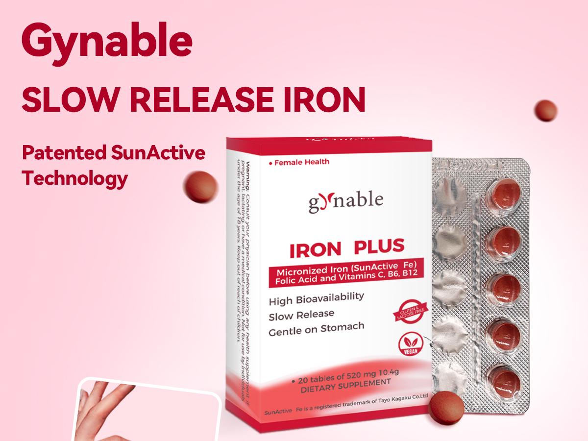 Gynable Iron Supplement for Women, 18mg SunActive Slow Fe, 80mg Vitamin C, B6 B12 Folate, Supports Blood Health for Pre-Conception, Pregnancy & Lactation, 20 Counts,Slow Release Iron Pills for Anemia & Blood Health