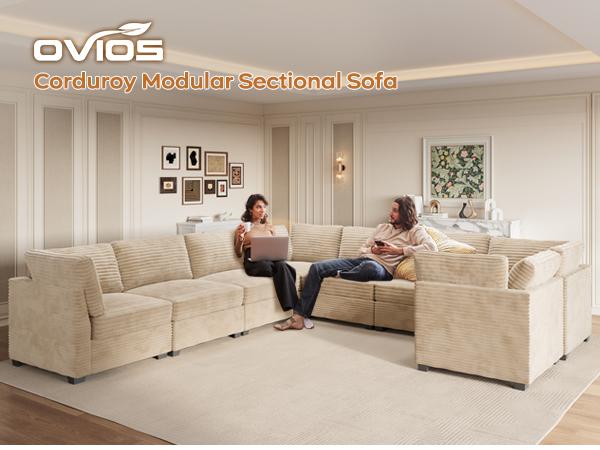 【8 Packages Shipping】Ovios 130.7" Modular Sectional Sofa Couch, U-Shaped Minimalist Couches with Sofa Bed Chaise, L-Shaped Modern Deep Seat Cloud Plush Corduroy Sofas with Ottoman Set for Living Room, 8 Seater