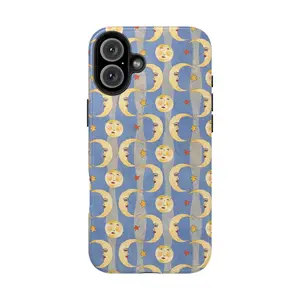 Vintage Moon and Stars Phone Case – Whimsical Celestial Design with Retro Crescent Face Pattern, Soft Blue & Yellow Art for iPhone 16 15 14 & Samsung S24 S23 S22, Gift for Her & Him