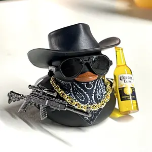 Black Cool Rubber Duck Car Accessories with Hat Sunglasses Gold Necklace Beer Gun DIY Assembly Dashboard Decoration