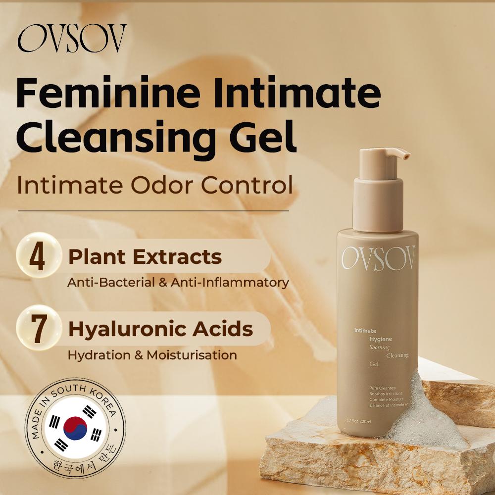 OVSOV Intimate Feminine Hygiene Cleaning Gel 6.7 fl oz 200ml pH Balanced with Hyaluronic Acid Anti-Bacterial & Anti-Inflammatory Cleanser - Cleansing Soft