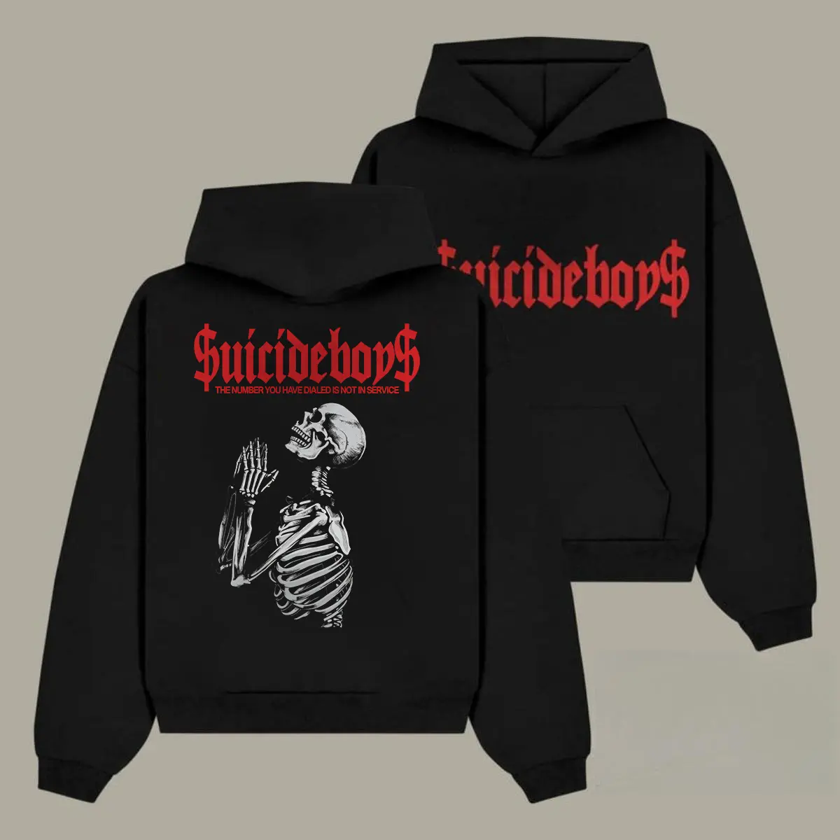 Men's Oversize G59 Suicide Boy Skeleton Praying Double-Print Fluffy Plush Fleece Hoodie - Soft Cotton Blend, Seamless, Biker Cargo Streetwear Top, Lightweight, for Fall, Halloween, Party