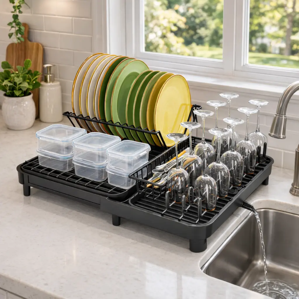 Expandable Dish Drying Rack for Kitchen Counter, Large Capacity Carbon Steel Dish Rack, Space Saving Kitchen Organizer for Plates, Bowls & Salad Plates