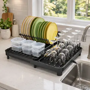 Expandable Dish Drying Rack for Kitchen Counter, Large Capacity Carbon Steel Dish Rack, Space Saving Kitchen Organizer for Plates, Bowls & Salad Plates