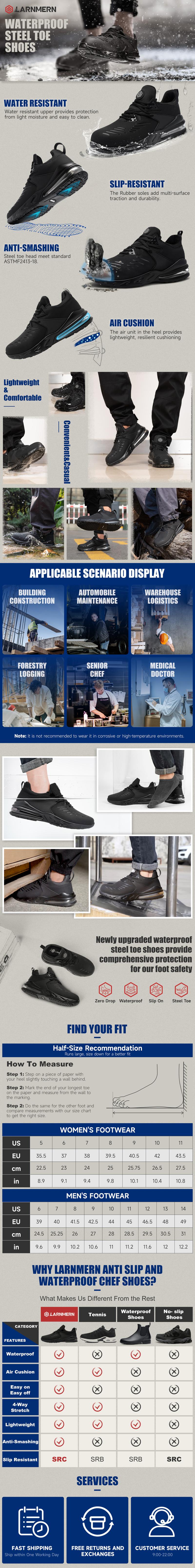 Upgraded Men's Waterproof Steel-Toe Shoes Waterproof & Slip-Resistant Work Shoes | Lightweight & Comfortable Sneakers Durable Design with Tennis Air Cushion Shock Absorption | Oil-Resistant & Easy Wipe-Clean