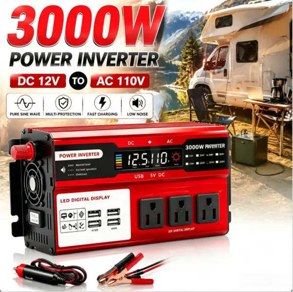 3000W Peak Pure Sine Wave Inverter - DC 12V to AC 110V Vehicle Powered Converter with LCD Display, Wireless Remote, 3 AC Outlets, 4 USB Ports for RV, Camping
