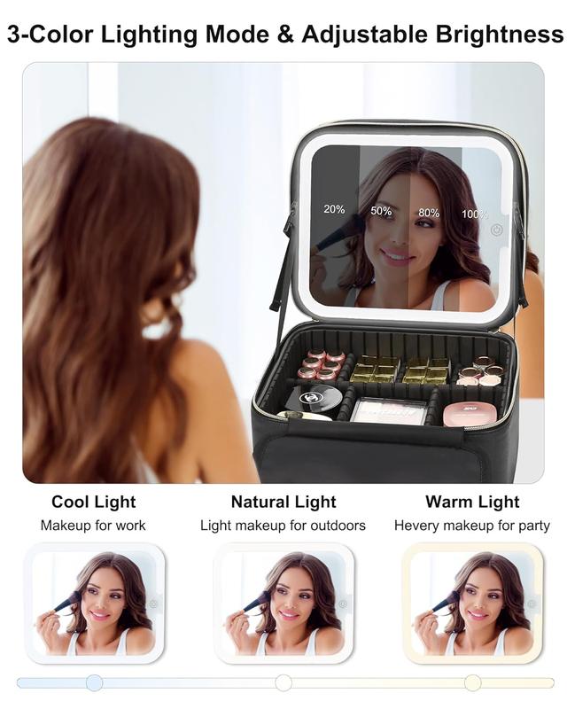 Makeup Bag with LED Mirror, Small Travel Makeup Case with Rechargeable Lighted Mirror 3 Color Lights, Double Layer Cosmetic Box Makeup Brush Lipstick Holder Organizer for Women, Black