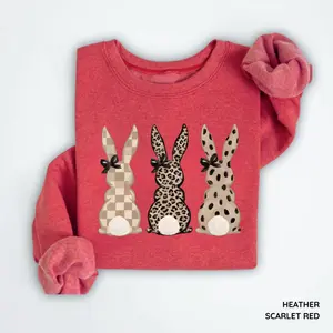 Neutral Easter Bunnies Sweatshirt, Leopard Checkered Coquette Crewneck, Trendy Spring Bunny Graphic Sweater, Cute Easter Gift for Women