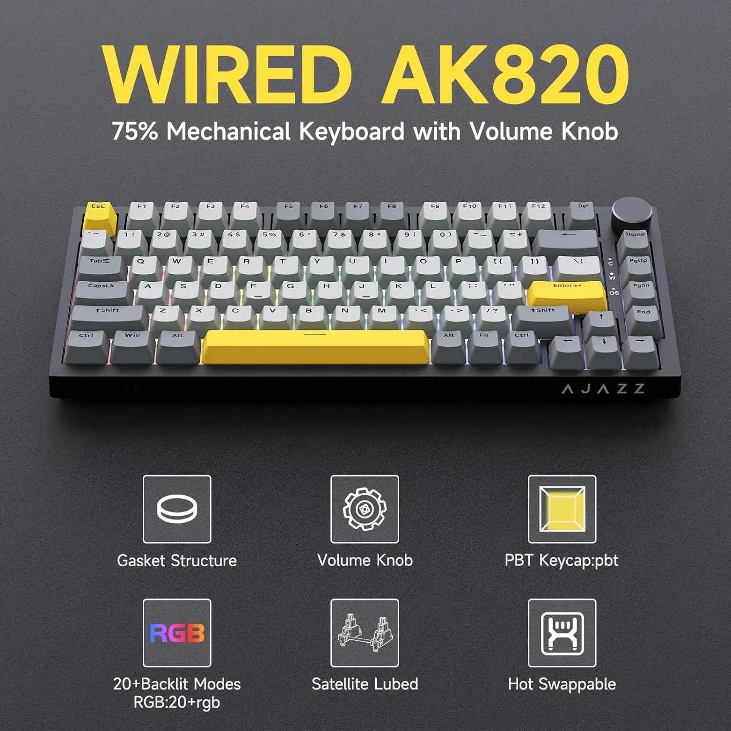 Ajazz AK820 75% Hot Swappable Gasket Mount Wired Mechanical Keyboard,rgb backlit, custom keyboard- Creamy Typing Feel, Volume Control Knob, Pre-lubed Linear Switch, Gaming Keyboards for Gaming & Office Use, Creamy Keyboard, keyboard for gaming