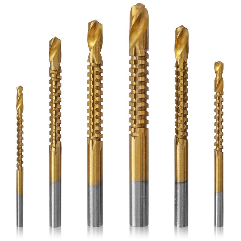 6 Pack Titanium Coated HSS Twist Drill Bits, 3-8mm Serrated Side Cutting Drill Bit Woodworking Tools for Plastic Metal Wood Hole